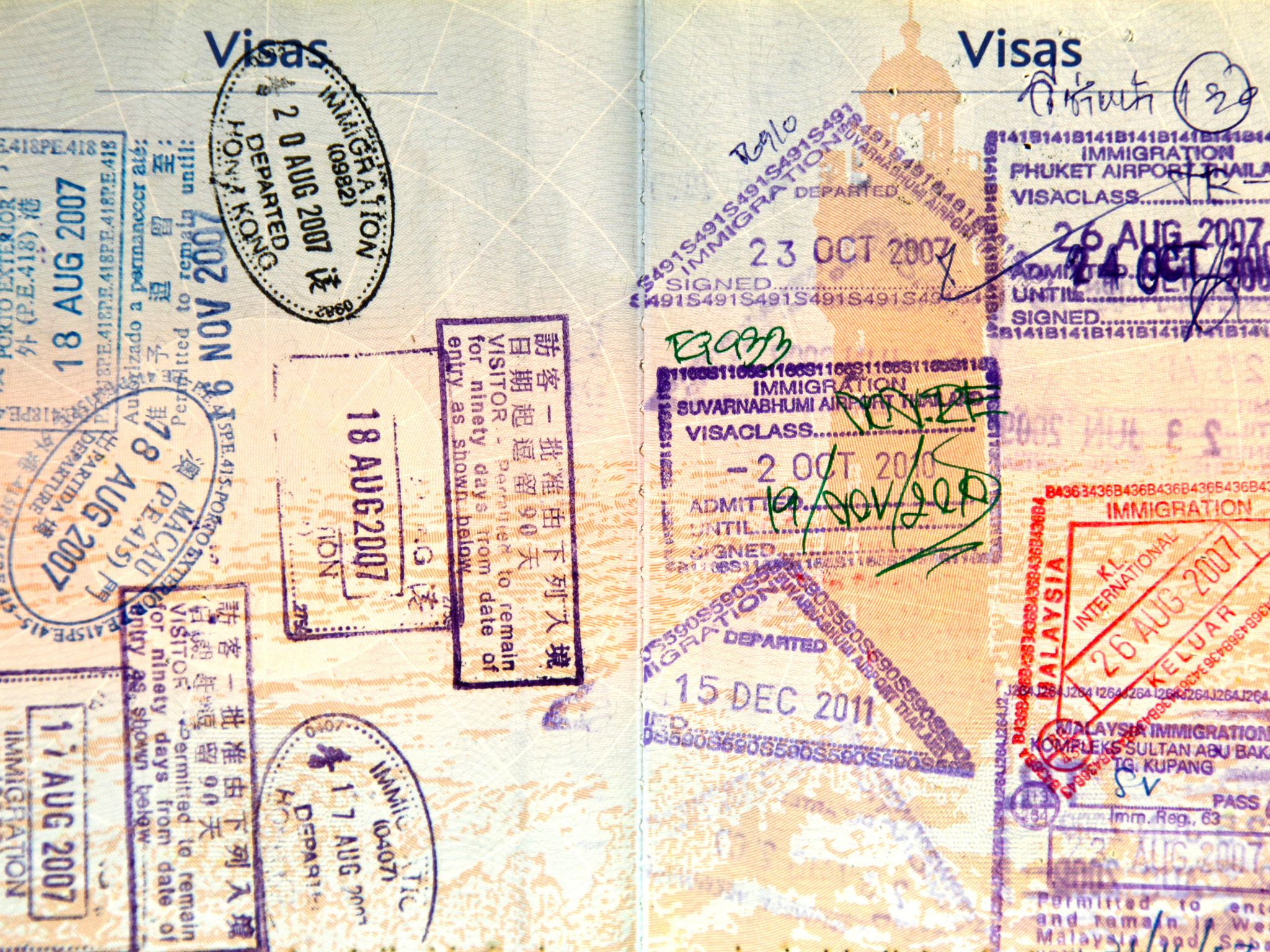 Visa Stamps in a passport﻿